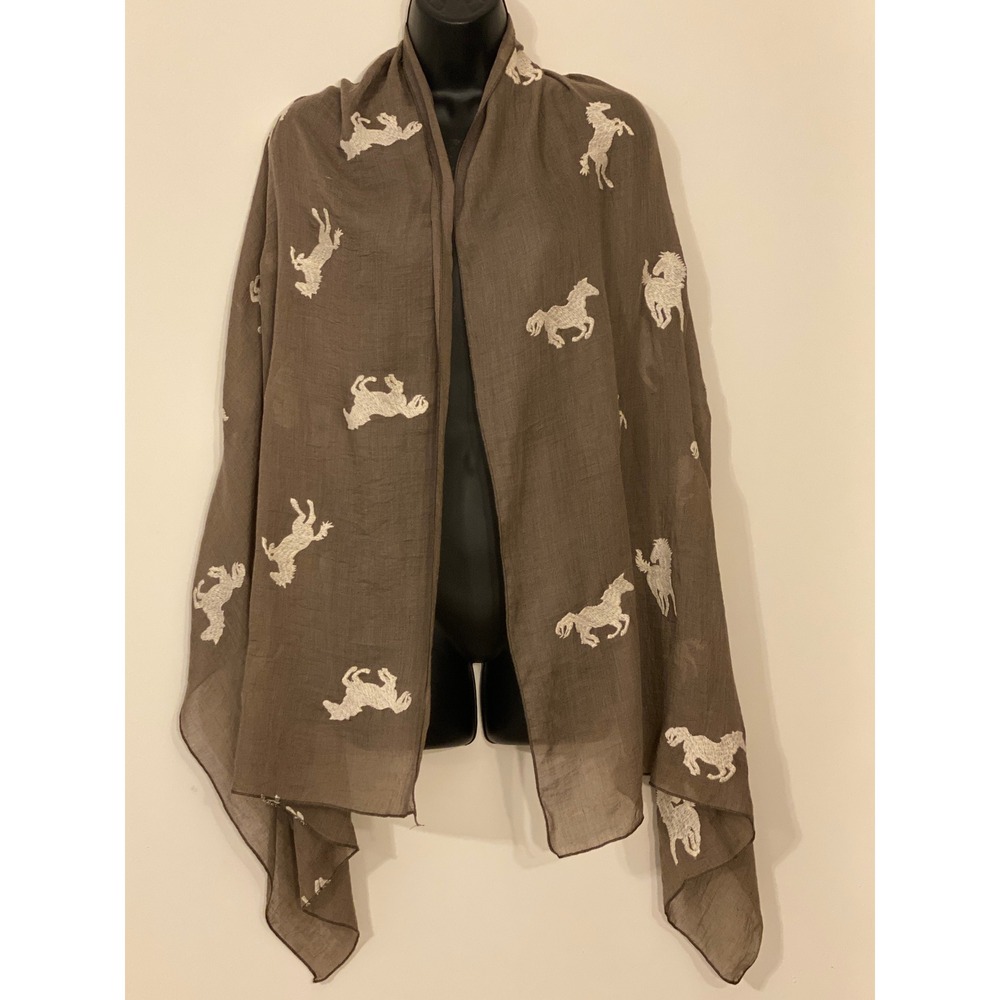 Emporio Enzo Brown Horse Embroidered Scarf Equestrian Shawl Wrap 70x28